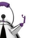 Polished stainless steel whistling kettle by Alessi, with a purple handle, basketball player whistle, and matching side silhouette.