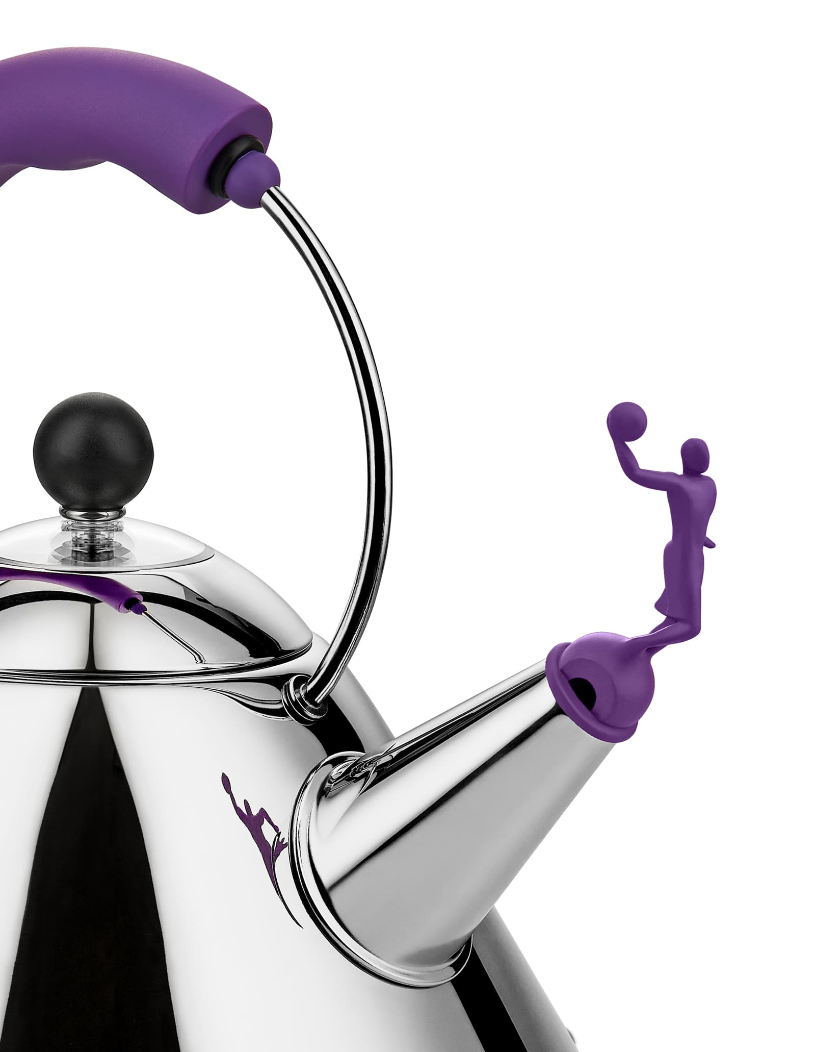Polished stainless steel whistling kettle by Alessi, with a purple handle, basketball player whistle, and matching side silhouette.