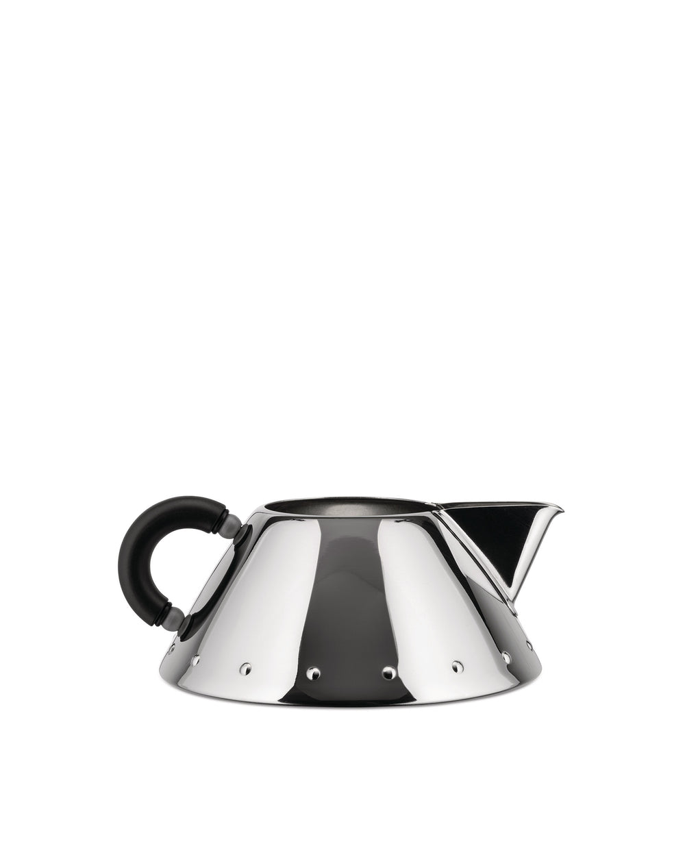 Silver metal kettle by Alessi, with a conical body, black handle, and decorative studs.
