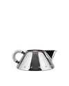 Conical polished stainless steel kettle by Alessi with a white curved handle and small rivets.
