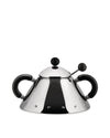 Polished stainless steel sugar bowl by Alessi with black handles, a domed lid, and a matching serving spoon.