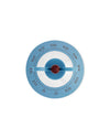 Blue round Kitchen Timer by Alessi with a white face, red knob, and minute markings.