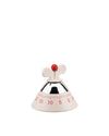 Cream-colored bell-shaped kitchen timer by Alessi, with a chrome base and a red turning knob showing numbers.
