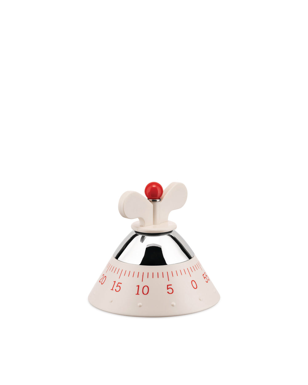 Cream-colored bell-shaped kitchen timer by Alessi, with a chrome base and a red turning knob showing numbers.