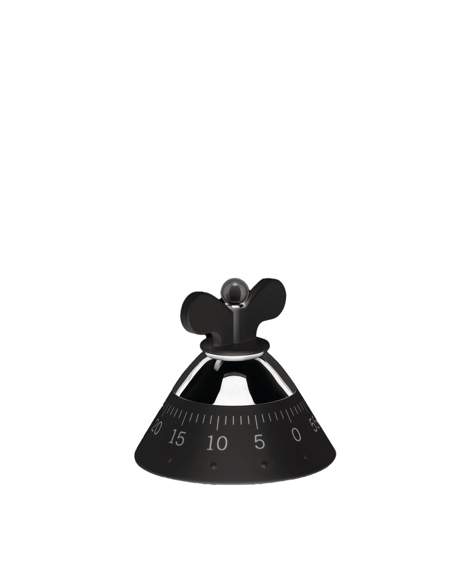 Black conical kitchen timer by Alessi with a numeric scale and top winding knob.