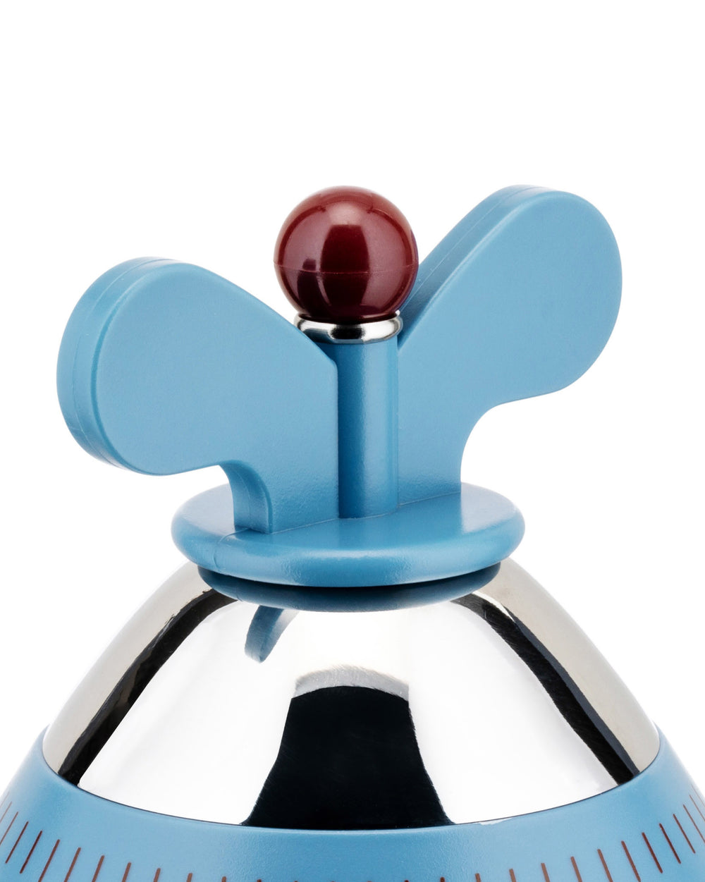 Blue kitchen timer by Alessi featuring a red ball finial, blue wing-shaped handles, and a chrome base.
