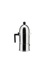Polished stainless steel moka pot by Alessi with a distinctive domed lid and black handle.