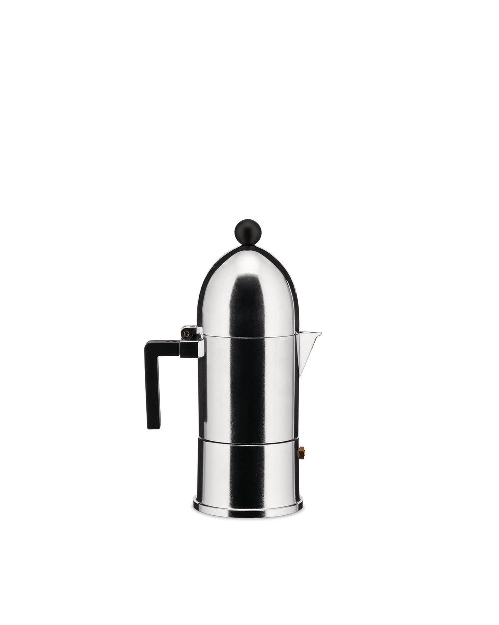Polished stainless steel moka pot by Alessi with a distinctive domed lid and black handle.