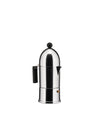 Stainless steel moka pot by Alessi with a black handle, a spherical top knob, and a brass safety valve.