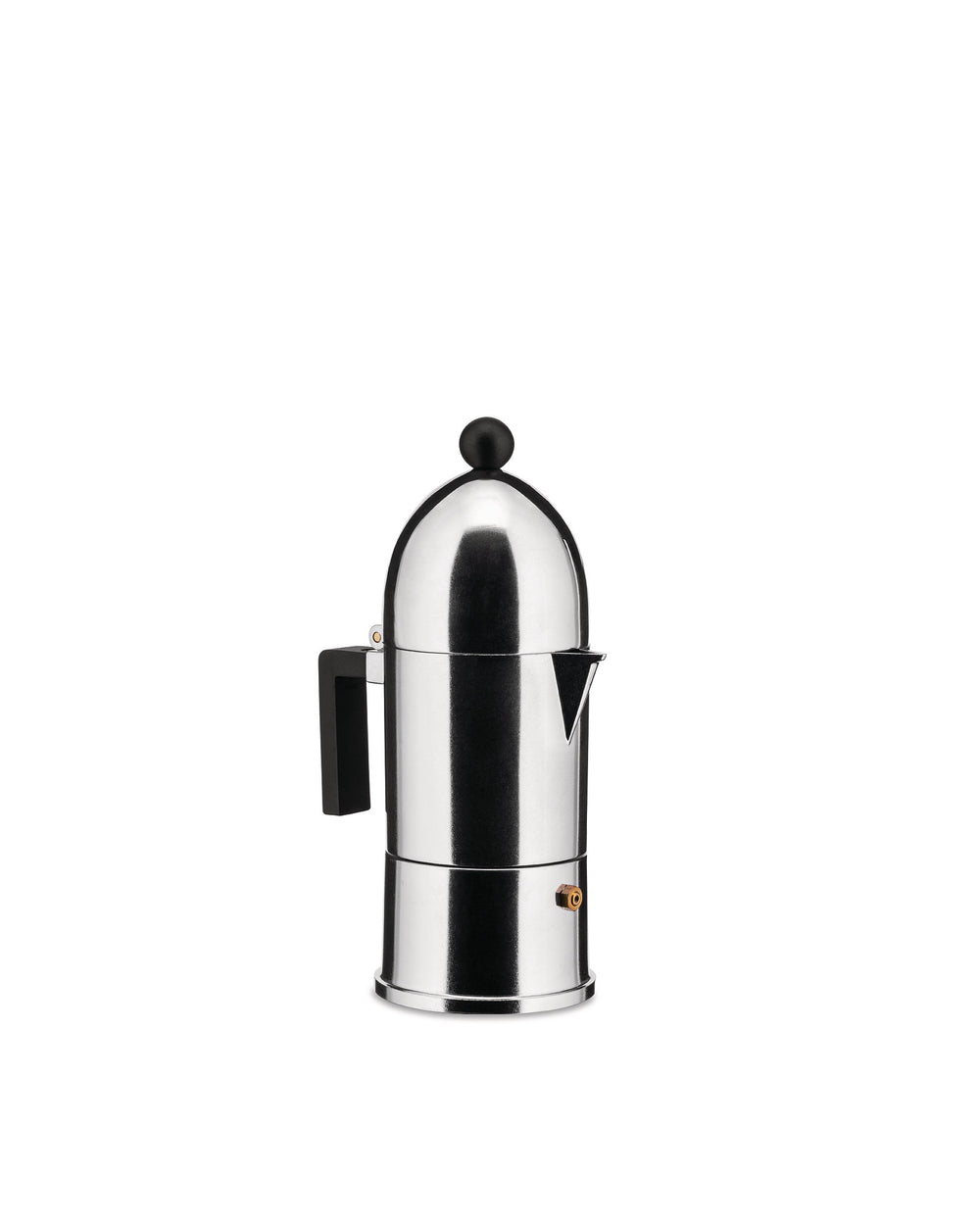 Stainless steel moka pot by Alessi with a black handle, a spherical top knob, and a brass safety valve.