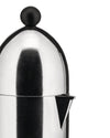 Silver coffee maker with a black knob by Alessi, close-up showing its polished, reflective surface and spout.