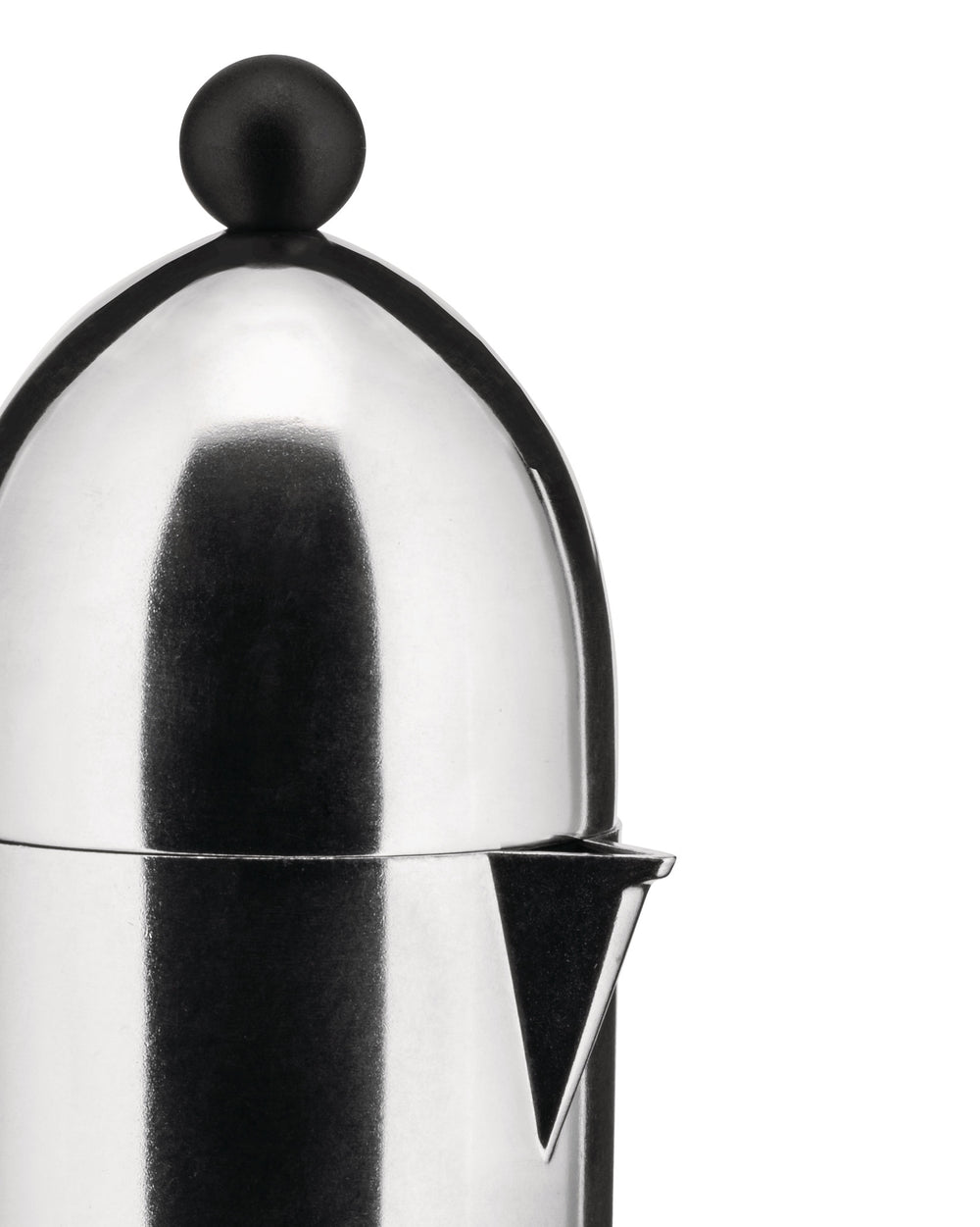 Silver coffee maker with a black knob by Alessi, close-up showing its polished, reflective surface and spout.