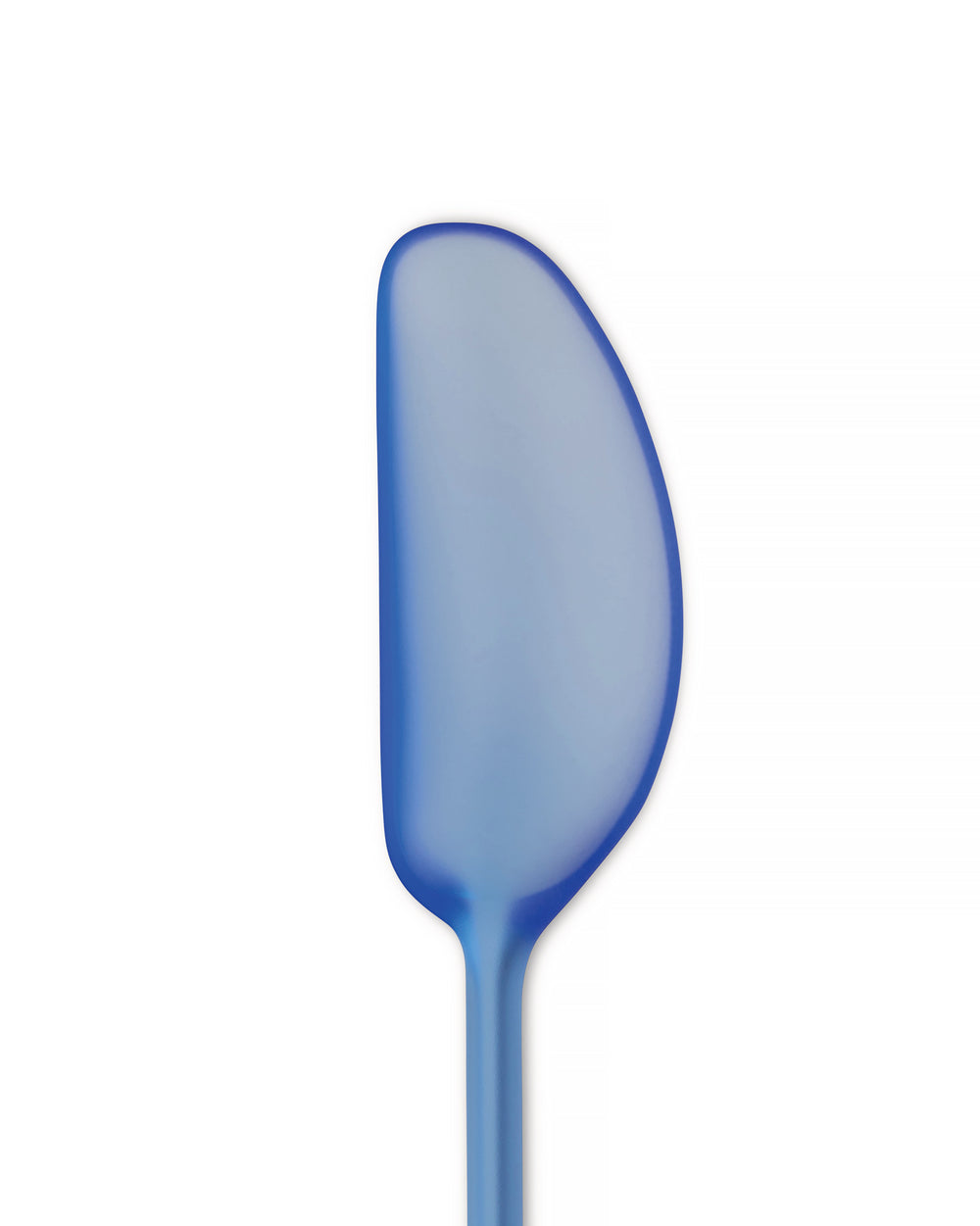 Translucent blue spatula by Alessi with a broad, rounded head and sleek design.