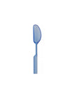 Blue translucent utensil by Alessi with a wide, rounded blade and a straight handle, viewed vertically.