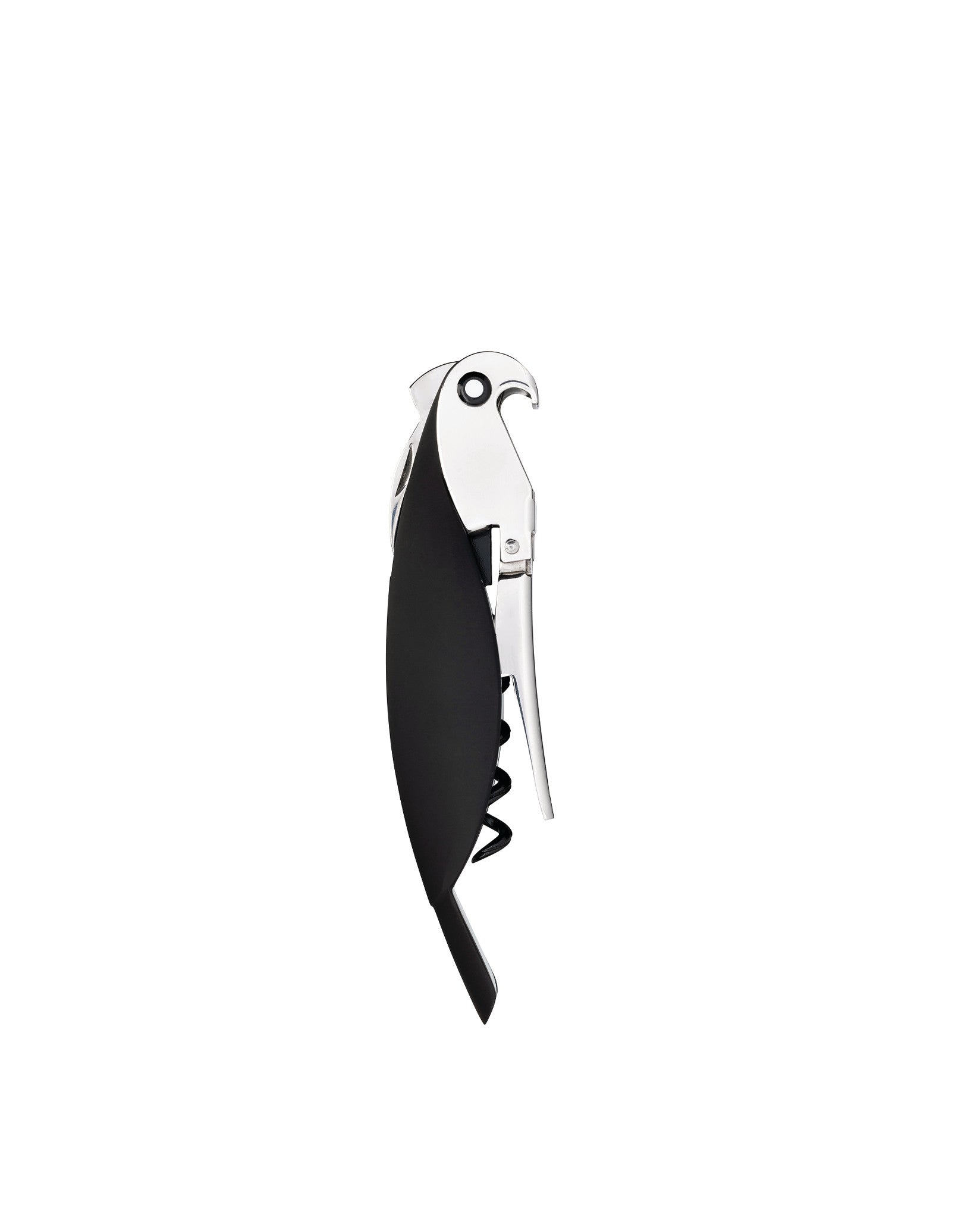 Black and silver parrot corkscrew by Alessi, in a folded, side view.