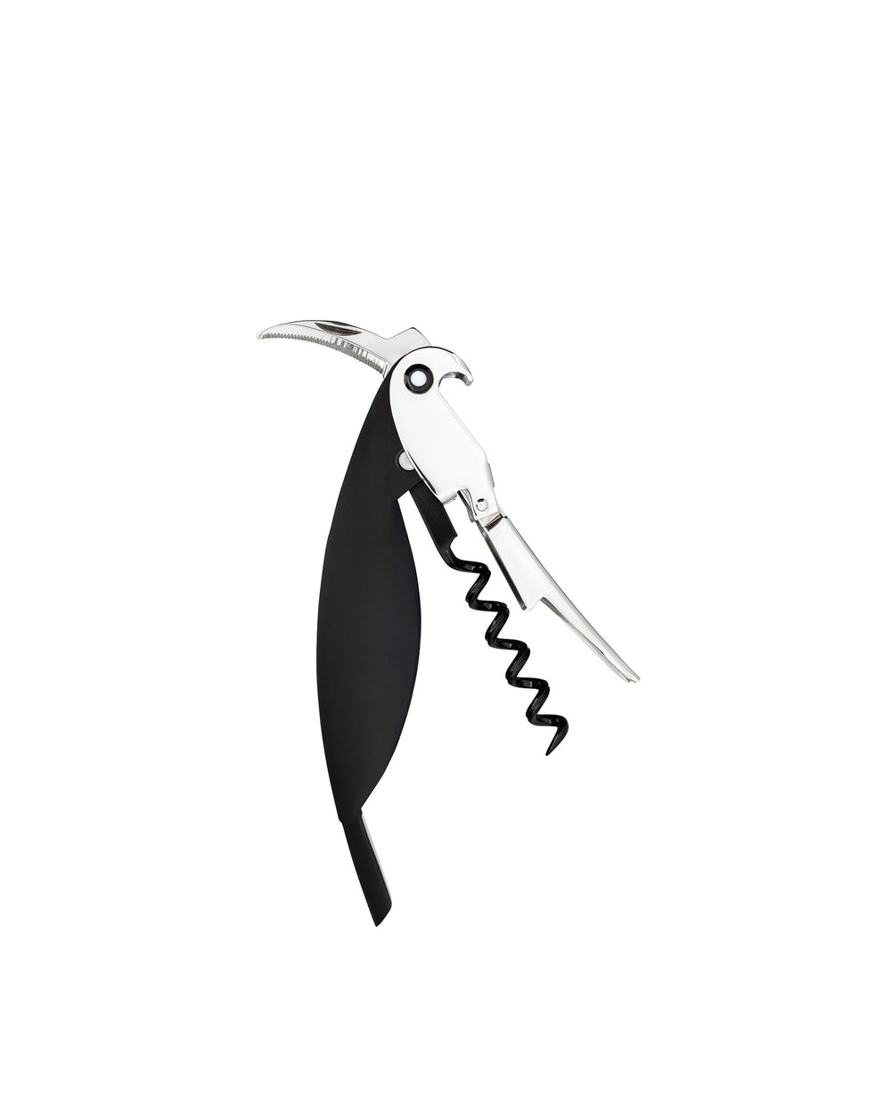 Black and silver Parrot corkscrew by Alessi, angled with a visible spiral worm.