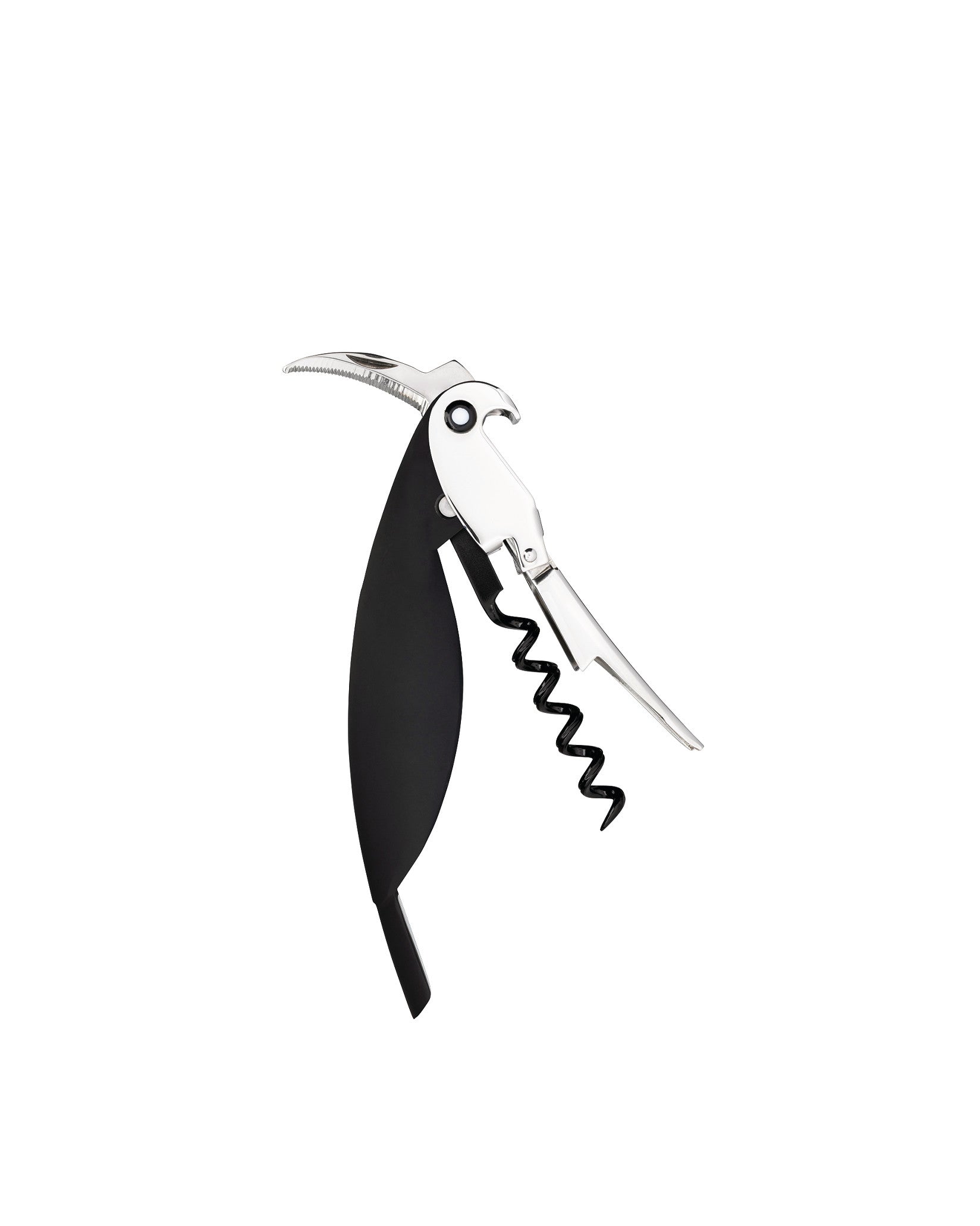 Black and silver Parrot corkscrew by Alessi, angled with a visible spiral worm.