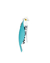 Teal and silver parrot-shaped corkscrew by Alessi, with a yellow eye and visible black worm, standing upright.