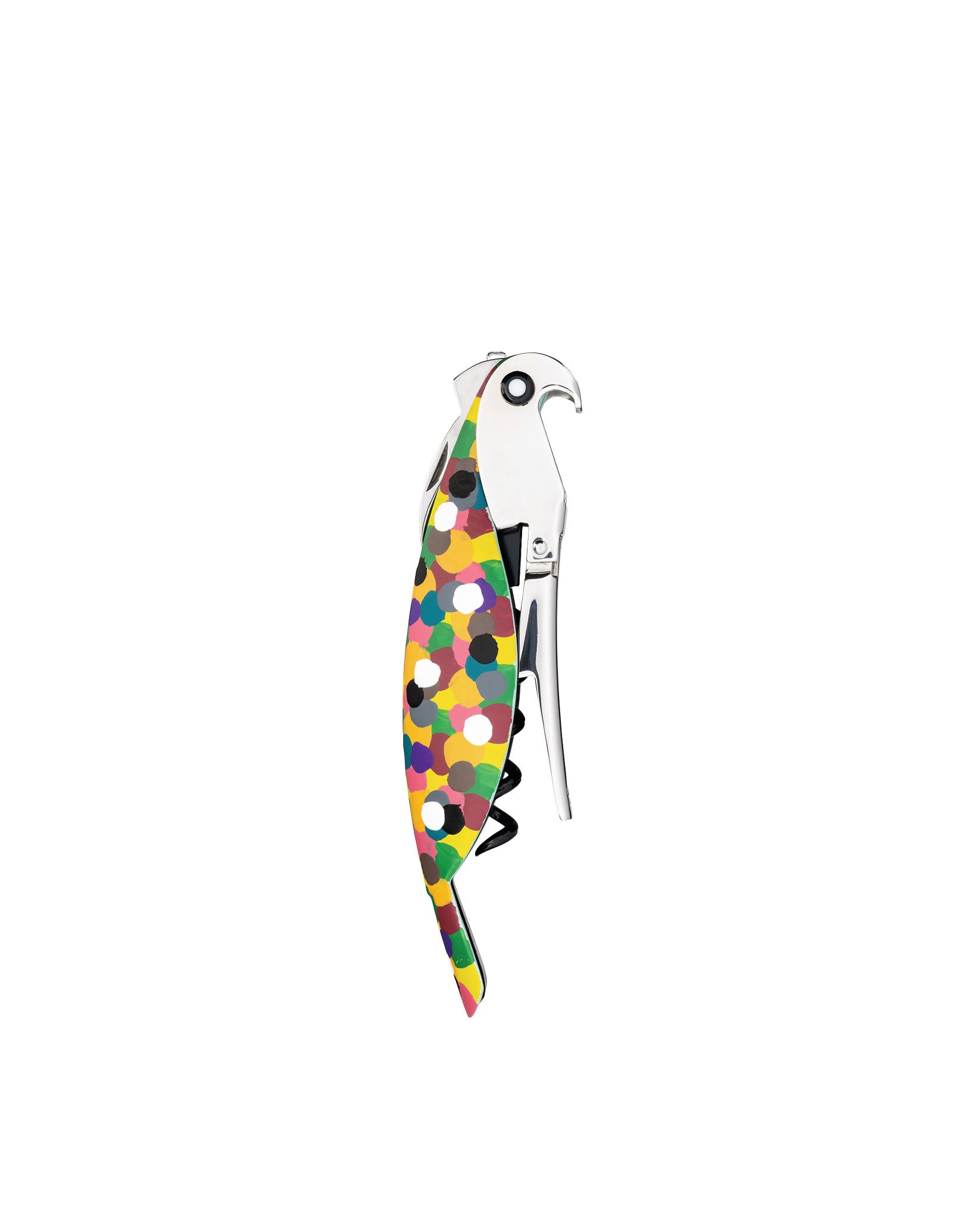 Colorful polka dot parrot corkscrew by Alessi, with a shiny silver head and body, seen from the side.