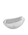 Silver and transparent Parmenide grater by Alessi featuring a curved stainless steel grating surface in a boat-shaped base.