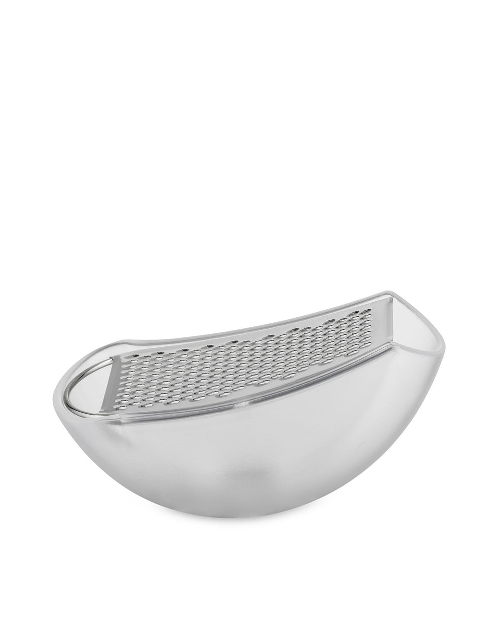 Silver and transparent Parmenide grater by Alessi featuring a curved stainless steel grating surface in a boat-shaped base.