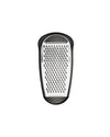 Black and silver grater by Alessi, with a sleek, contoured shape and numerous fine grating holes.