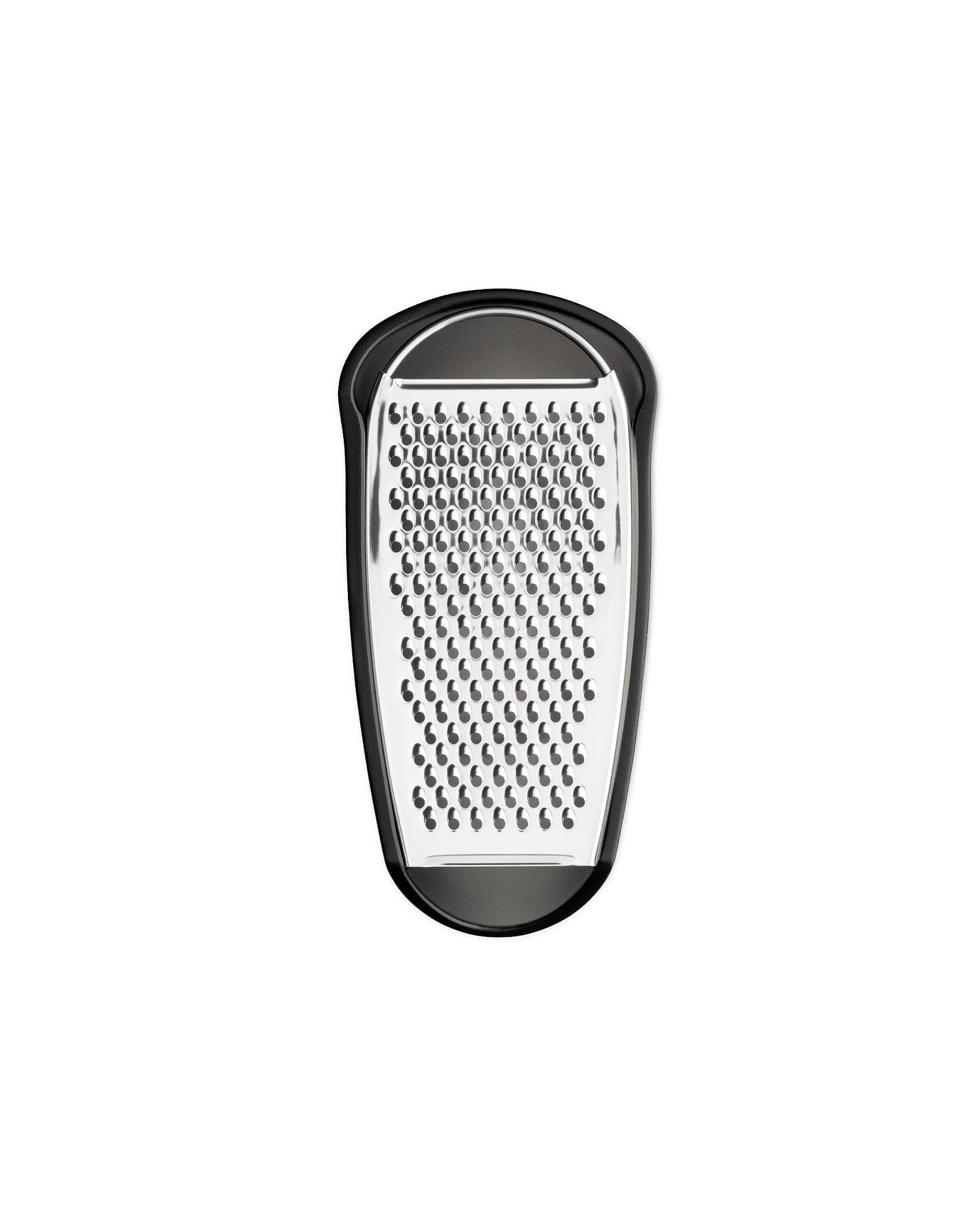 Black and silver grater by Alessi, with a sleek, contoured shape and numerous fine grating holes.