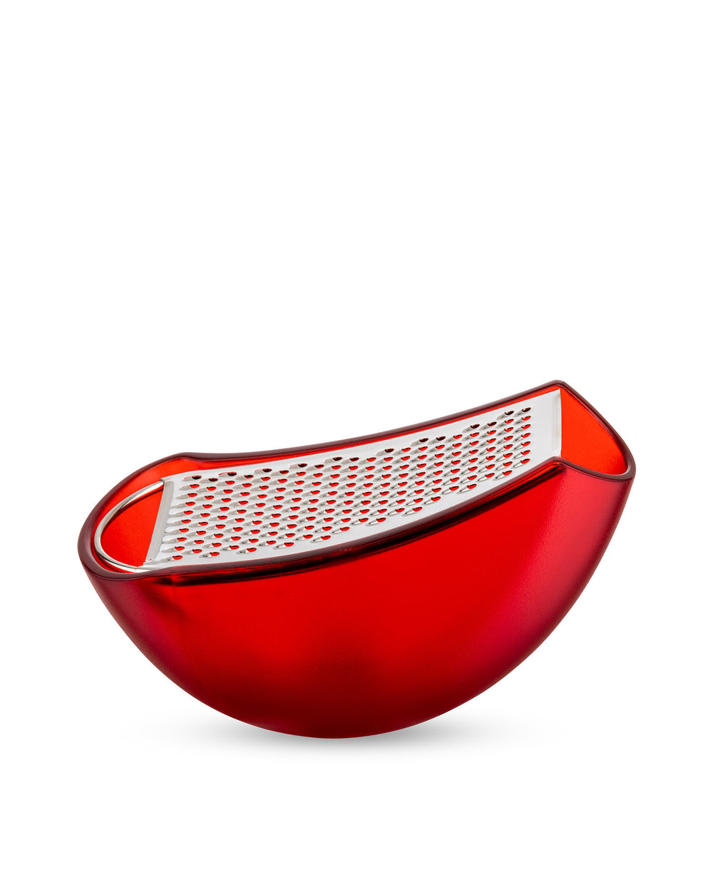 Red curved grater by Alessi with a metallic blade, resting on its base.