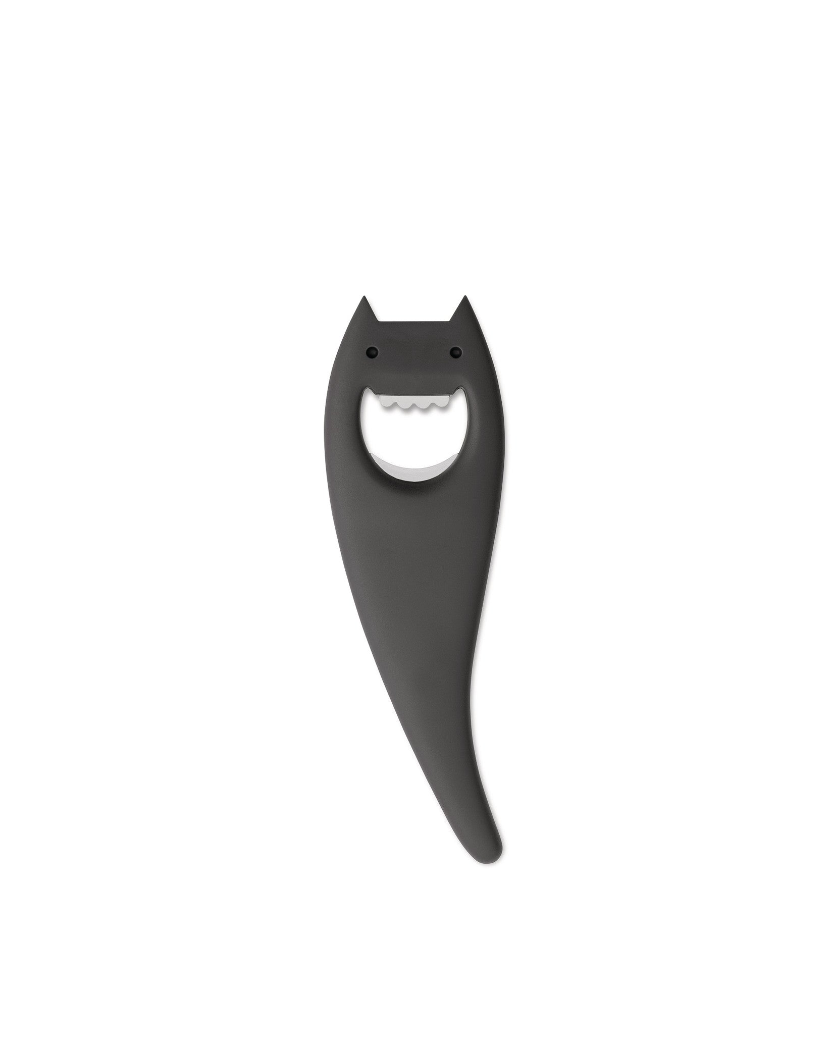 A dark gray Diabolix bottle opener by Alessi, shaped like a smiling bat with pointed ears.