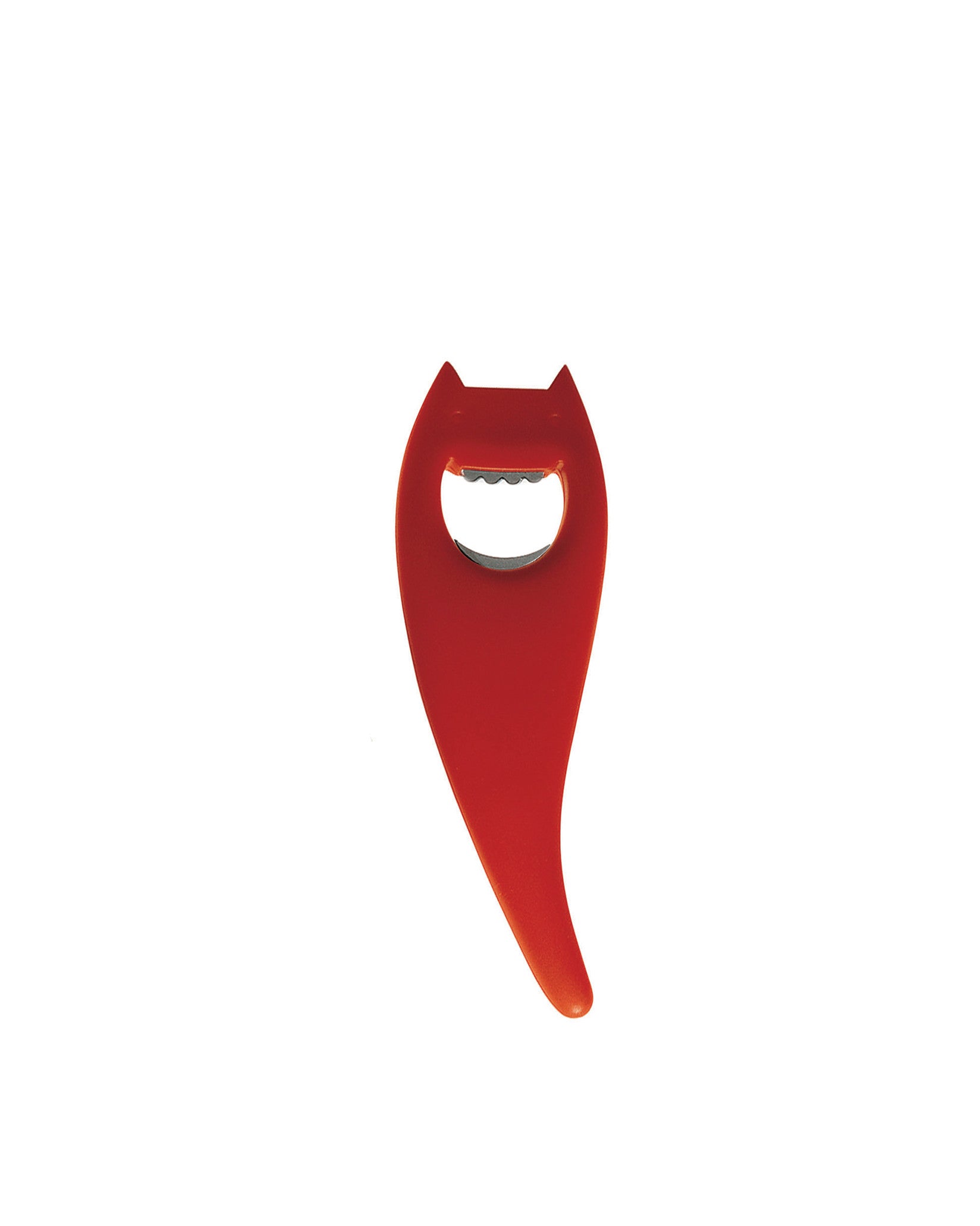 Red devil-shaped bottle opener by Alessi, with a smooth, ergonomic design on a white background.