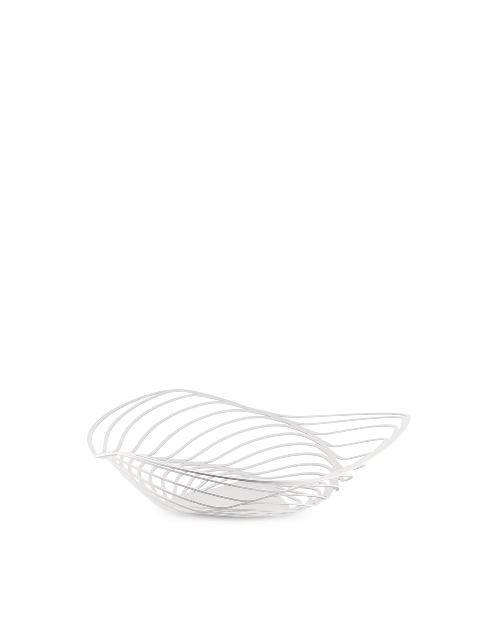 White metal wire fruit bowl by Alessi, featuring a sculptural wavy design.