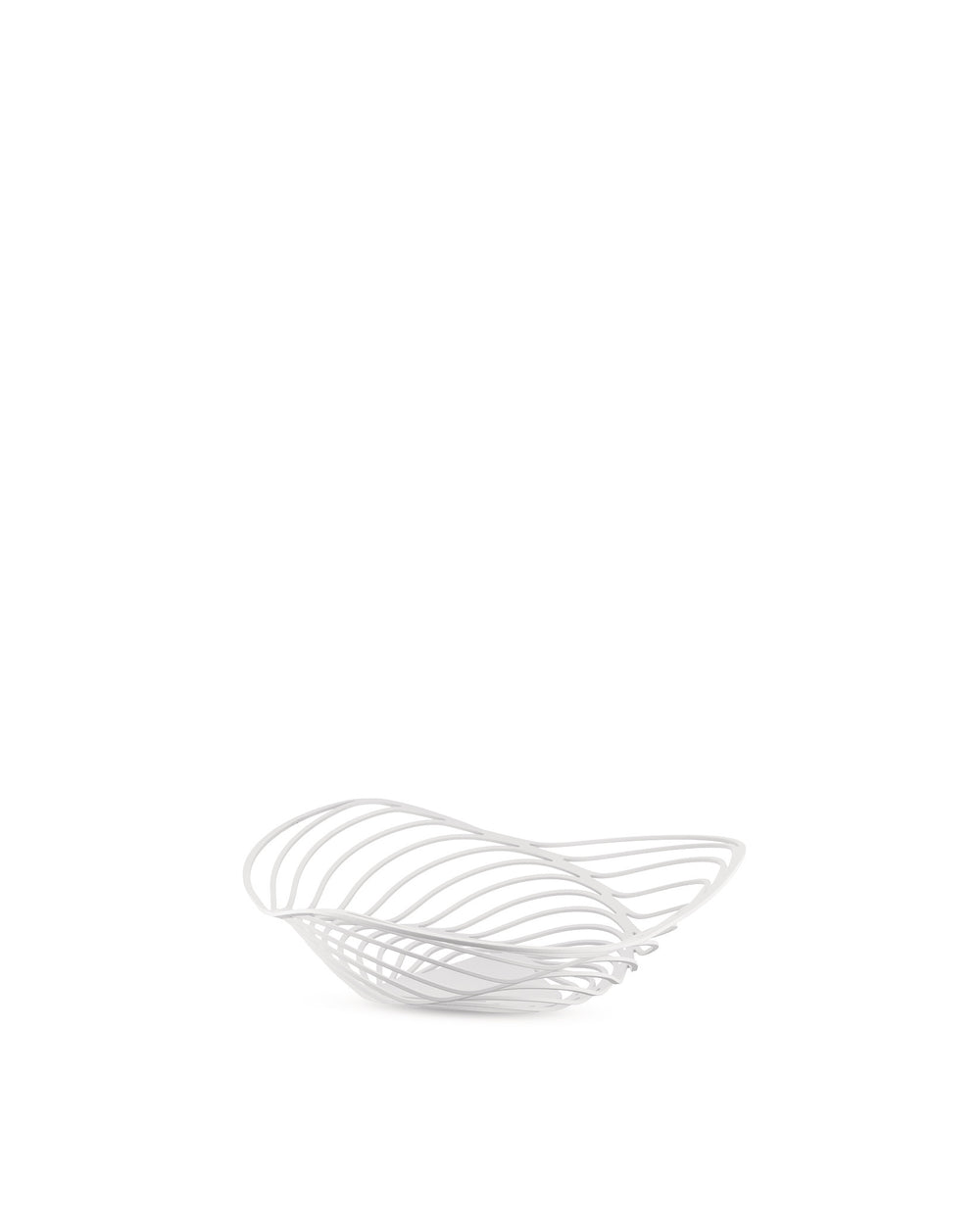 White wireframe fruit bowl by Alessi featuring an organic, intertwined design.