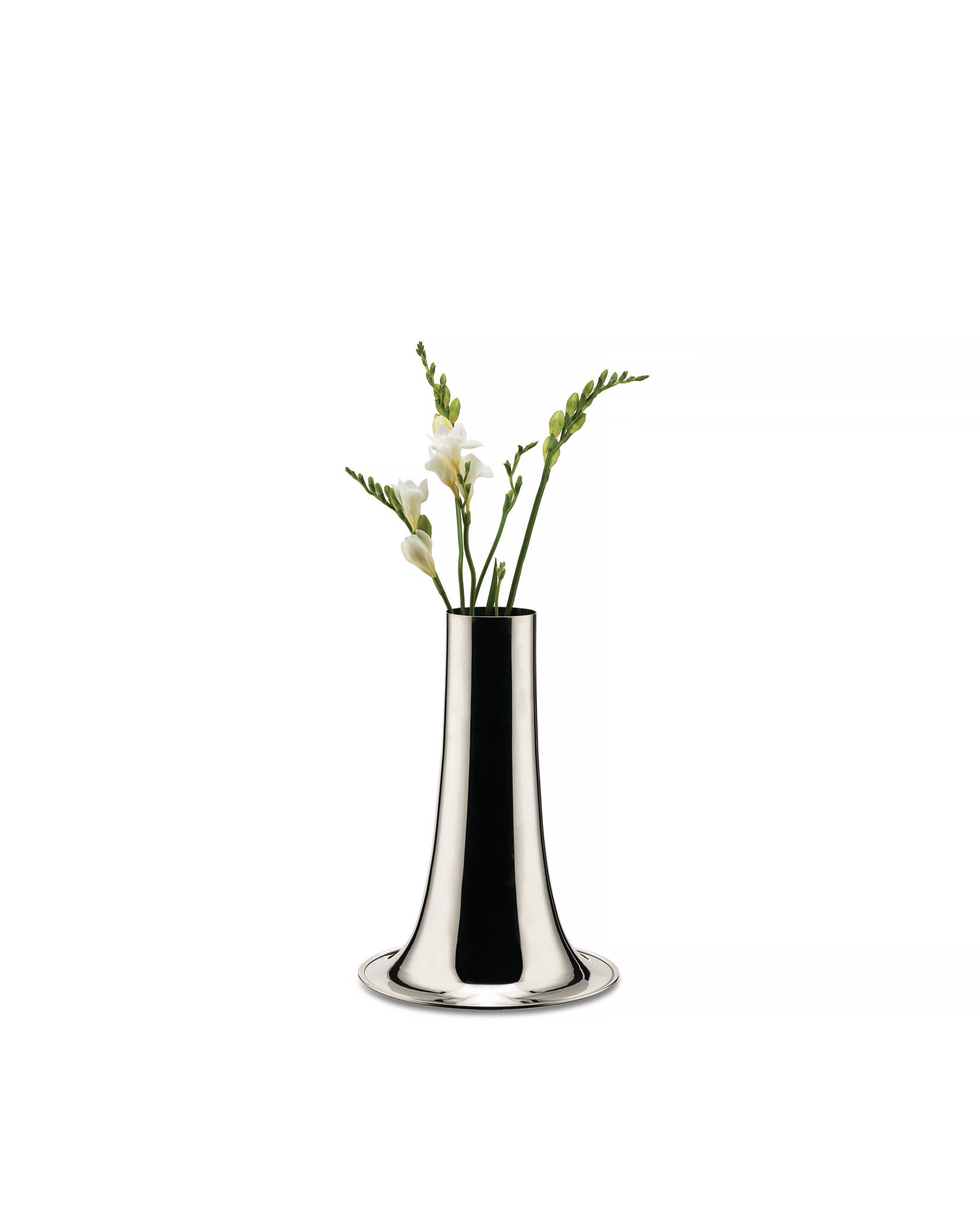 Shiny silver trumpet vase by Alessi holding white freesia flowers on a white background.