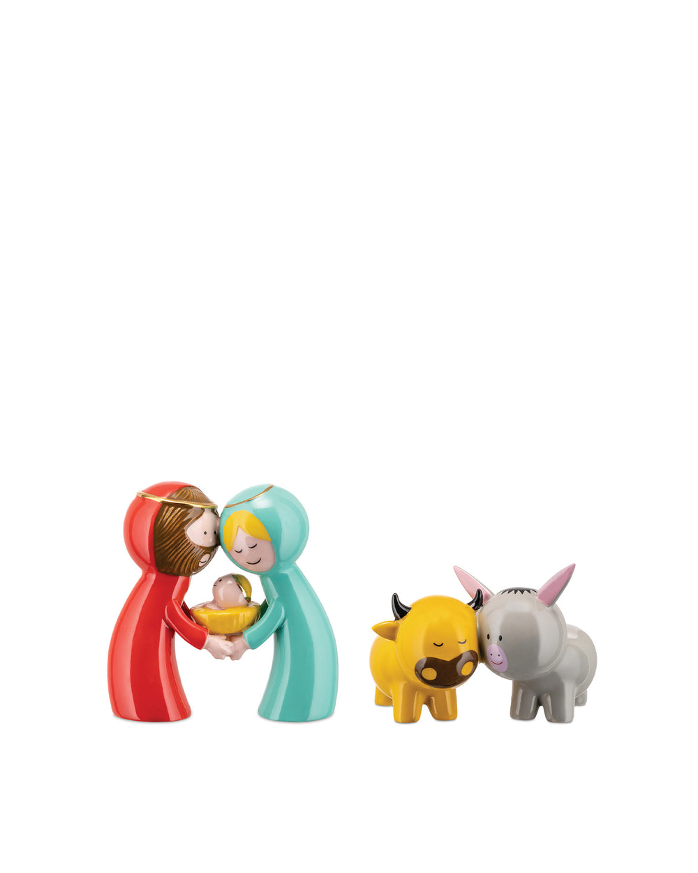 A colorful modern nativity set by Alessi, featuring Joseph, Mary, Baby Jesus, an ox, and a donkey.