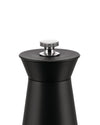Black pepper mill by Alessi with a ribbed silver top knob and matte body, cropped.