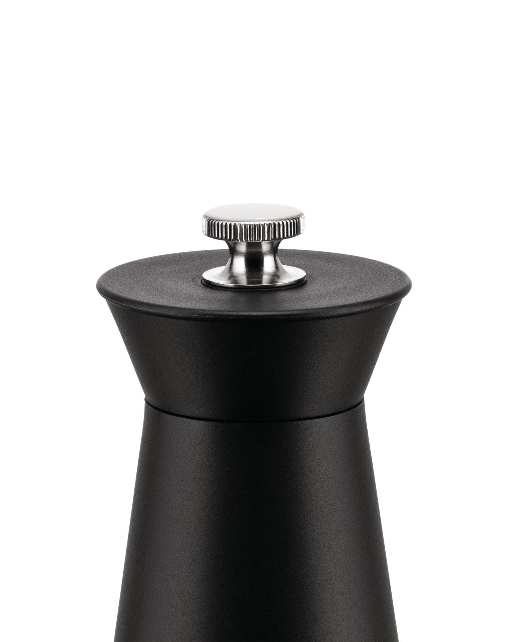 Black pepper mill by Alessi with a ribbed silver top knob and matte body, cropped.