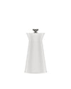 White pepper mill by Alessi with a tapered body and silver ribbed grinding knob.