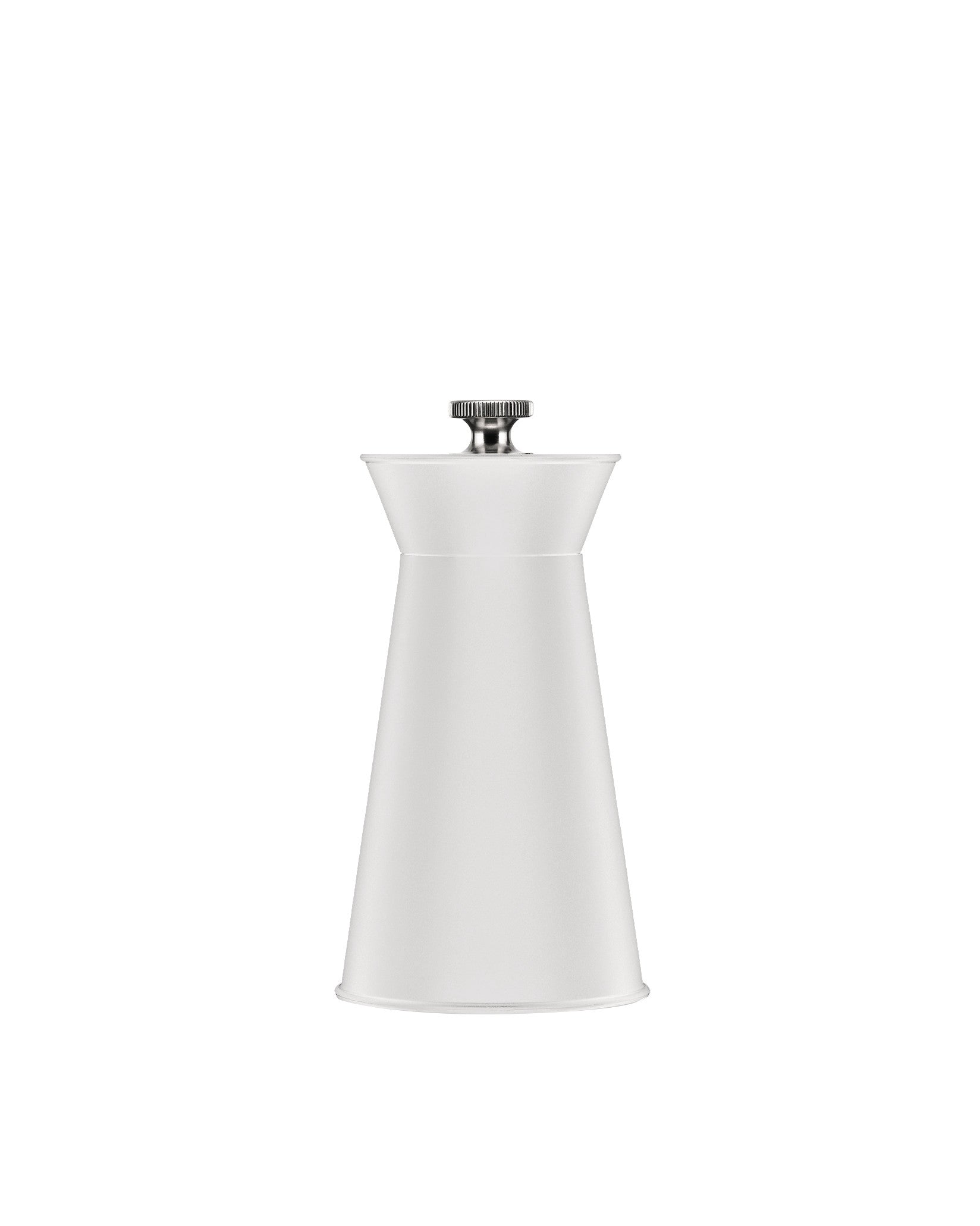 White pepper mill by Alessi with a tapered body and silver ribbed grinding knob.