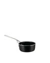 Black saucepan by Alessi with a long silver metal handle, shown from a side view.