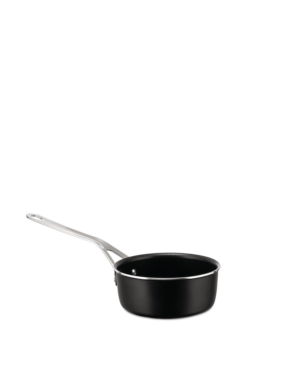 Black saucepan by Alessi with a long silver metal handle, shown from a side view.