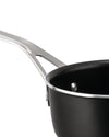 Black non-stick saucepan by Alessi with a polished silver-tone handle, shown in a cropped side view.