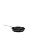 Black non-stick frying pan by Alessi with a silver stainless steel handle, shown from an elevated side angle.