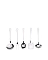 A set of five stainless steel kitchen utensils by Alessi, with black accents, including a skimmer and ladles, on white.
