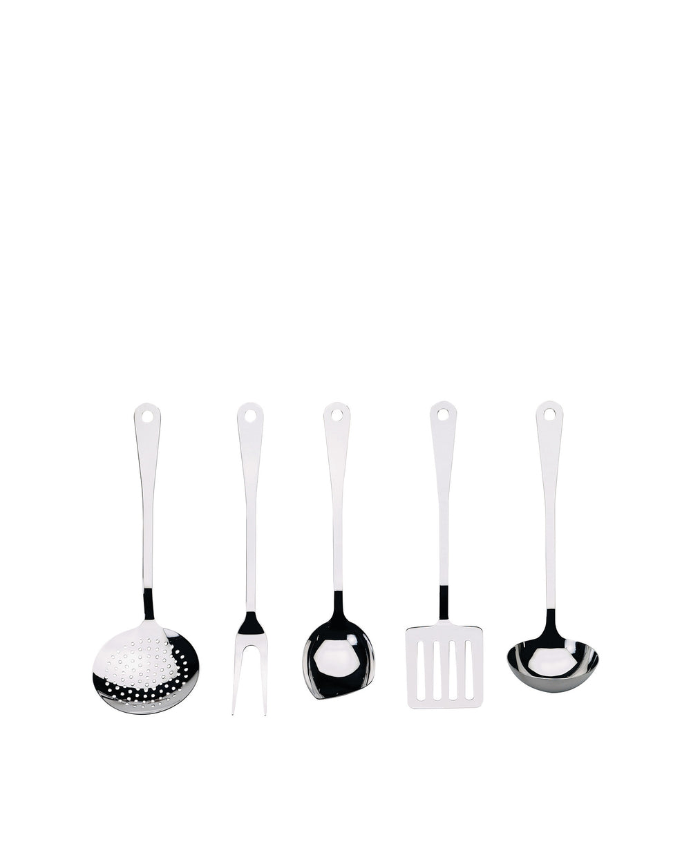 A set of five stainless steel kitchen utensils by Alessi, with black accents, including a skimmer and ladles, on white.