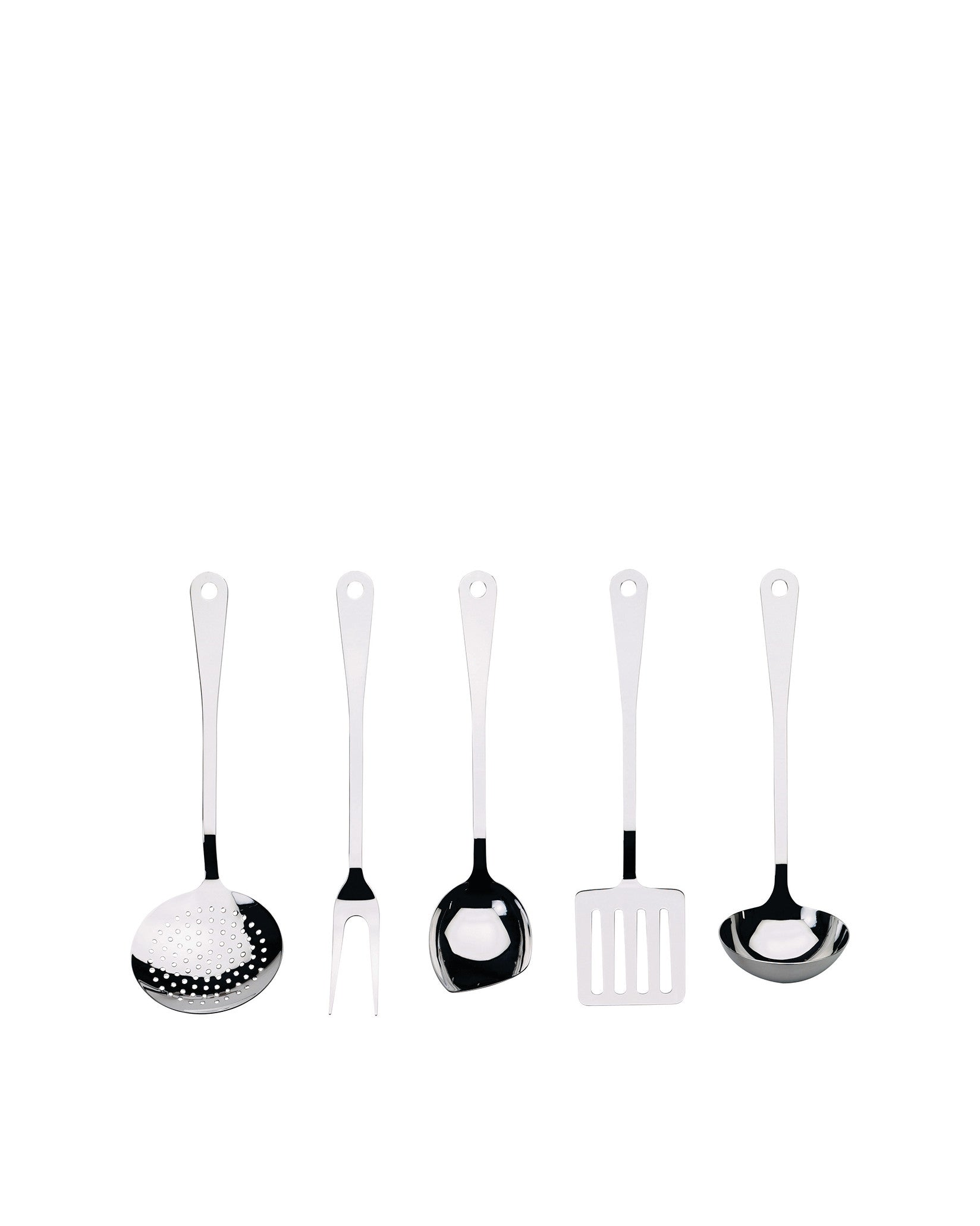 A set of five stainless steel kitchen utensils by Alessi, with black accents, including a skimmer and ladles, on white.