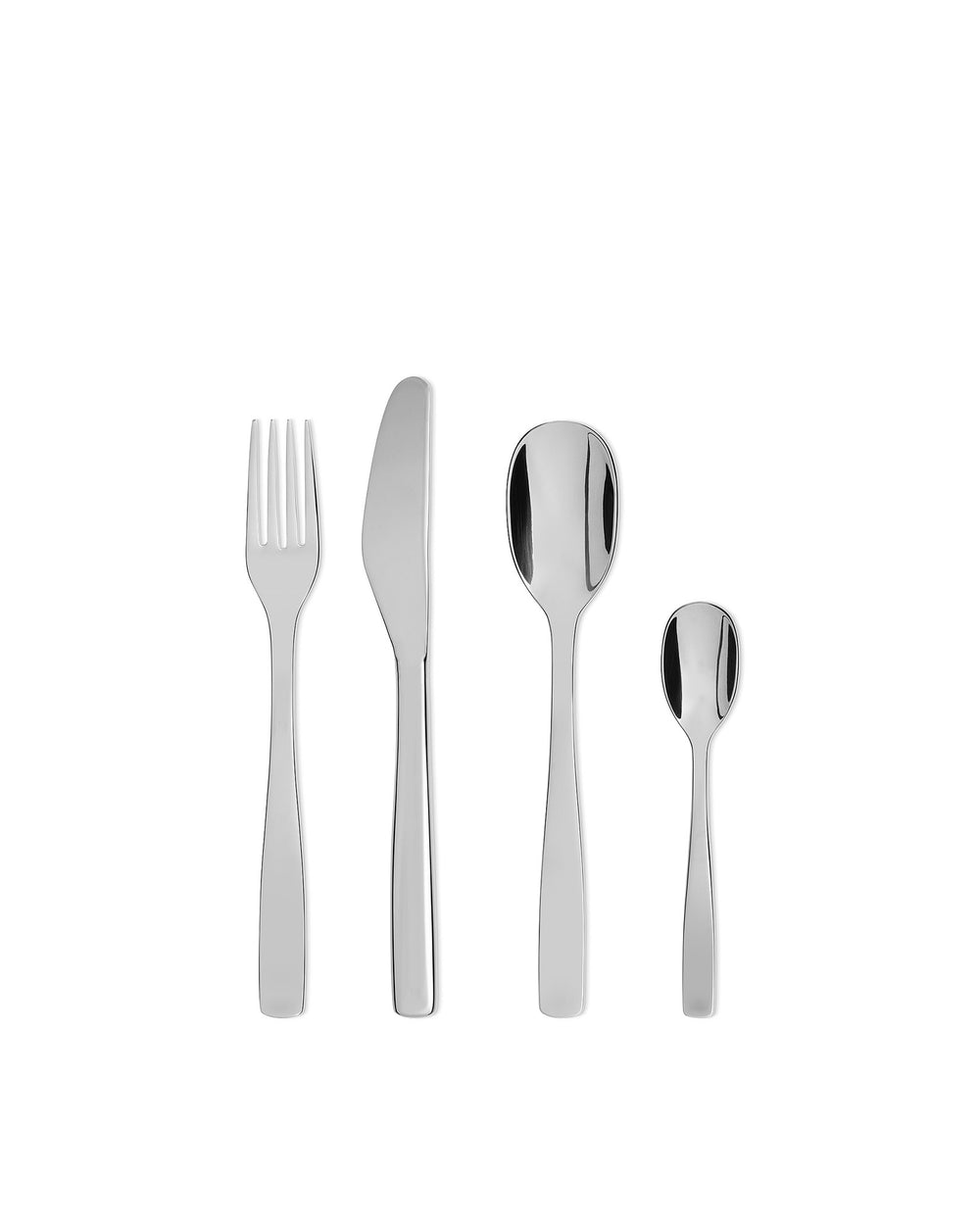 Polished silver four-piece cutlery set by Alessi, featuring a fork, knife, and two spoons.
