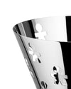 Silver polished metal fruit bowl by Alessi, featuring distinctive human figure cut-outs in a tapered shape, cropped close-up.