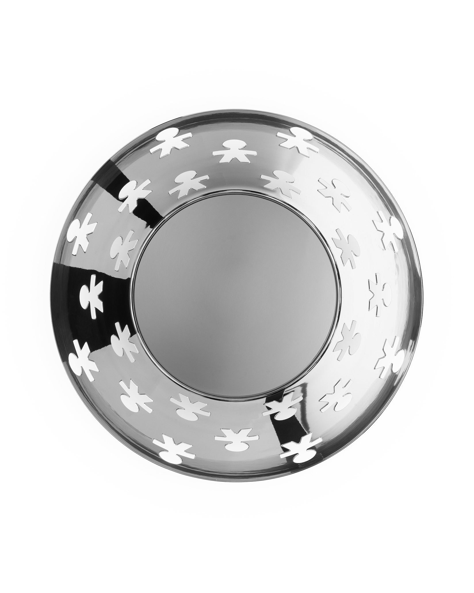 Silver fruit bowl by Alessi with a reflective rim of interconnected cut-out figures.