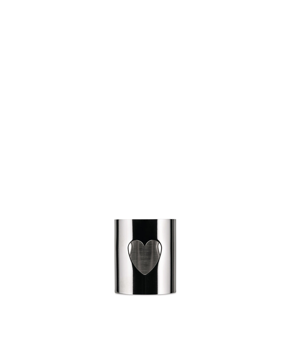 Silver-toned metal decorative object by Alessi with a polished finish and centered heart cutout.