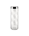 Clear glass jar with a shiny silver lid by Alessi, featuring a pattern of frosted stick figures.
